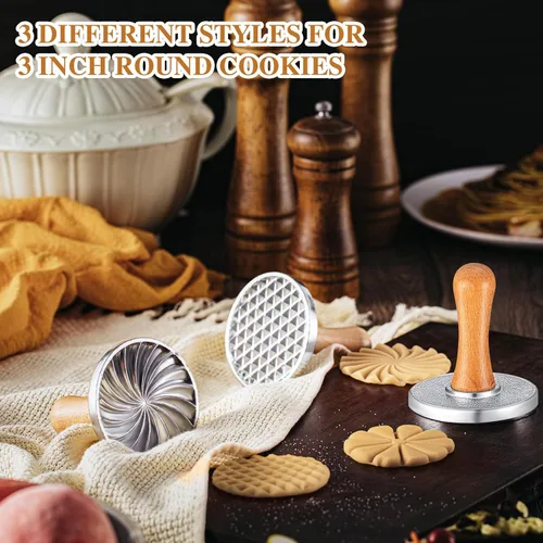 Miniatura 5 de Wenqik 3 piezas de sellos de galletas redondos de metal para prensa de galletas molde con mango de madera para hornear en relieve, suministros