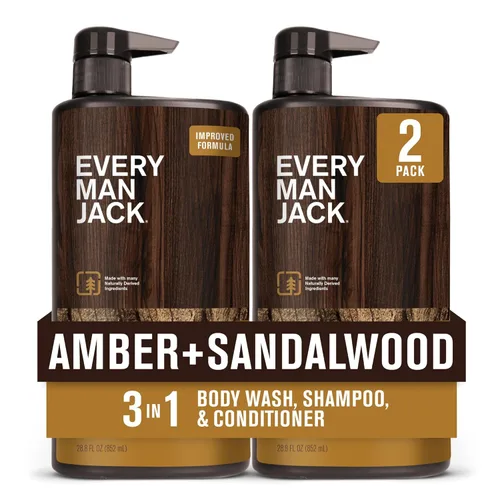 Every Man Jack ámbar + sándalo lavado hidratante para hombres 3 en 1 para todo tipo de piel y cabello - Gel corporal, champú y acondicionador con