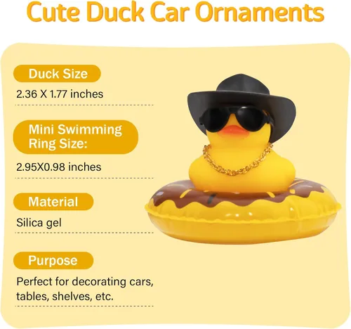 Miniatura 6 de wonuu Pato de goma para automóvil, decoración de pato amarillo con sombrero para el sol, anillo de natación, collar, gafas de sol para decoración
