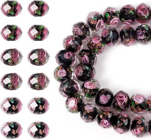 Miniatura 12 de Craftdady 96 cuentas de cristal redondas con arena dorada, 24 estilos hechos a mano que brillan en la oscuridad, cuentas espaciadoras sueltas