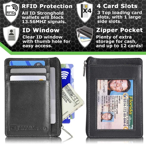 Miniatura 3 de ID STRONGHOLD - Cartera con bolsillo frontal RFID, mini, minimalista, delgada, de piel auténtica con cremallera, Negro