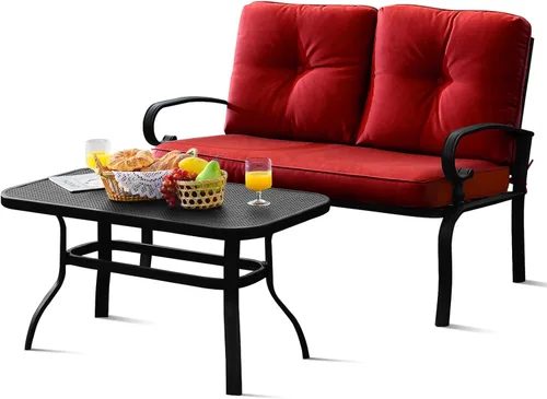 Tangkula Sofá biplaza de patio con juego de mesa, sofá acolchado de 2 asientos con mesa auxiliar, juego de sofá de conversación de patio con marco