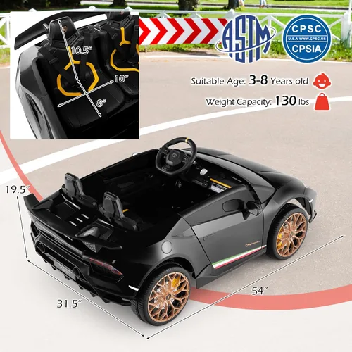Miniatura 8 de Costzon Lamborghini con licencia. Auto de batería de 24V y 4WD de 2 plazas para niños con control remoto, vehículos eléctricos con luces LED