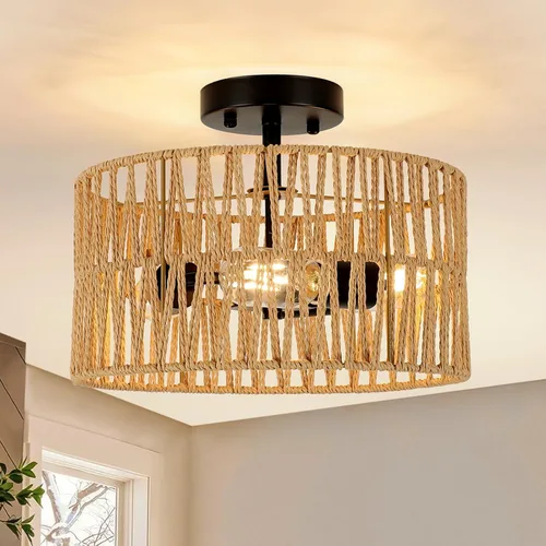 Miniatura 11 de Lámparas Bohemias de Techo con Montaje, Lámpara de Techo de Ratán Estilo Granja de 4 Luces, Lámpara de Techo Semi Empotrada con Pantalla Tejida a
