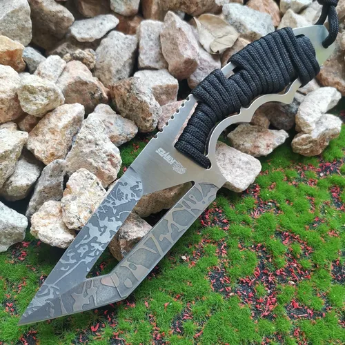 Miniatura 6 de Cuchillo de caza de hoja fija de 8.07 pulgadas con funda de nailon, cuchillo de supervivencia, cuchillo Bowie de espiga completa con mango de Negro