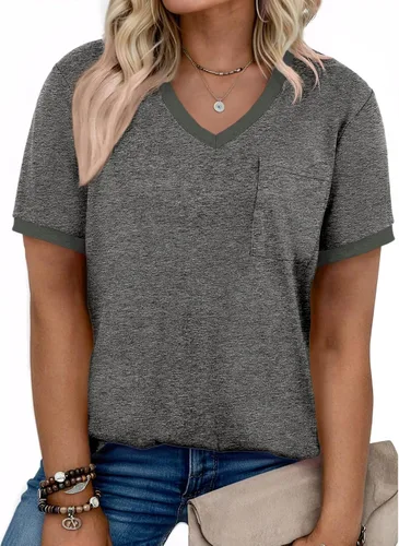 Miniatura 43 de Eytino Blusas de talla grande para mujer, cuello en V, manga corta, a rayas, casual, holgada, con bolsillo (1X-5X)
