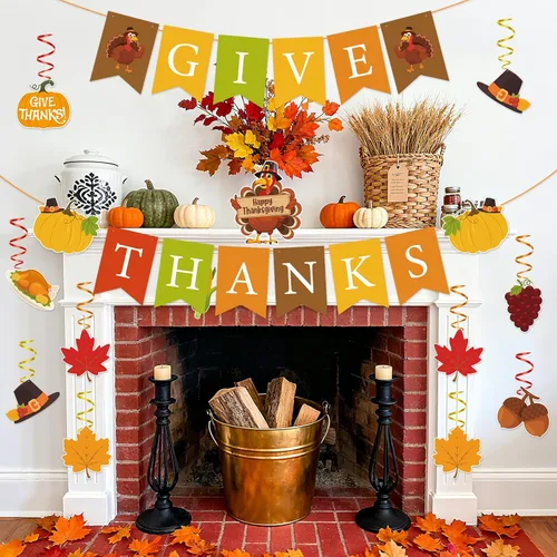 Miniatura 5 de Decoraciones de Acción de Gracias, pancarta de agradecimiento y hojas de arce de calabaza, decoración de remolinos colgantes, decoraciones de fiesta