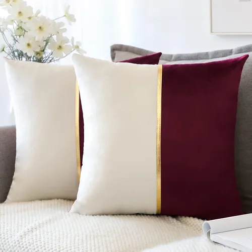 Miniatura 14 de OTOSTAR Fundas de almohada de terciopelo amarillo y blanco con retazo de cuero dorado, lujosas, modernas, minimalistas, cuadradas, para sala