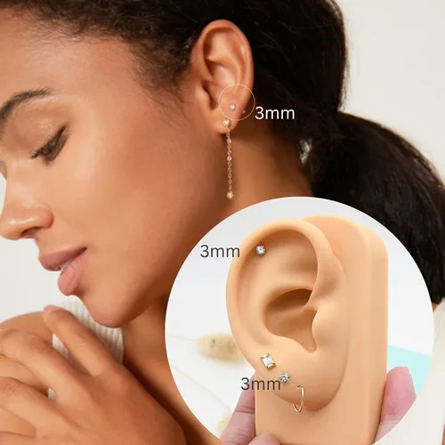 Miniatura 7 de Aretes de tuerca de circonita cúbica pequeña de 0.118 pulgadas, aretes de tuerca de oro de 14 quilates con circonita cúbica para cartílago, hélix