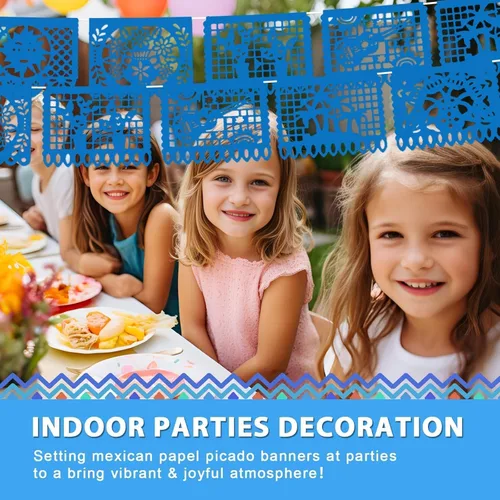 Miniatura 5 de Paquete de 6 pancartas de papel picado azul para fiesta mexicana, boda, fiesta, día de los muertos, Cinco de Mayo, decoración de México, papel