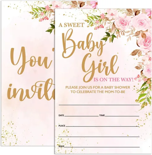 Invitaciones de baby shower para niña floral con sobres, invitaciones para baby showers, fiesta, flores de acuarela rosa rubor, tarjetas de