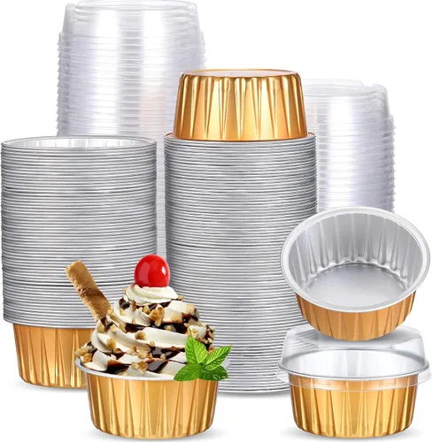 Miniatura 11 de 150 moldes desechables de papel de aluminio para hornear, con tapas, mini moldes para cupcakes de 5 onzas, moldes para flan, moldes para tartas
