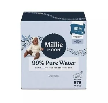 Millie~Moon - Toallitas de lujo para bebé de agua pura 99%, 576 unidades (paquete de 8 x 72)