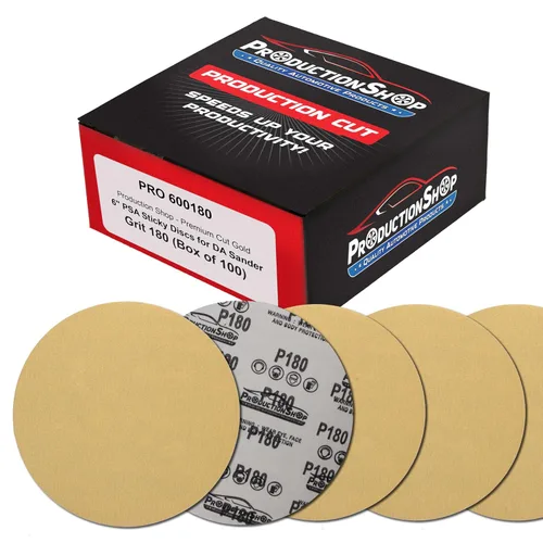 Miniatura 16 de ProductionShop Discos de lijado dorados PSA de grano 60 de 6 pulgadas, caja de 80 unidades, papel de lija abrasivo autoadhesivo para lijadoras