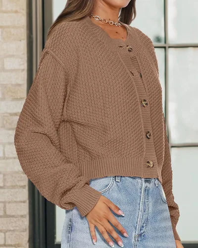 Miniatura 3 de PRETTYGARDEN Cárdigan corto con botones y frente abierto para mujer, lindo otoño, manga larga, abrigos de punto grueso 2023