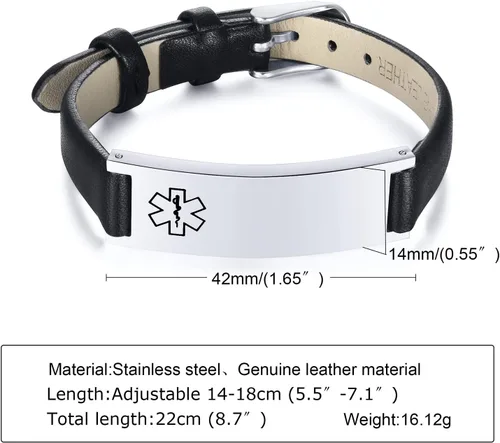 Miniatura 28 de MPRAINBOW Pulsera de alerta médica personalizada para mujer, correa de reloj de cuero genuino, grabado de doble cara, diabetes, epilepsia, joyería