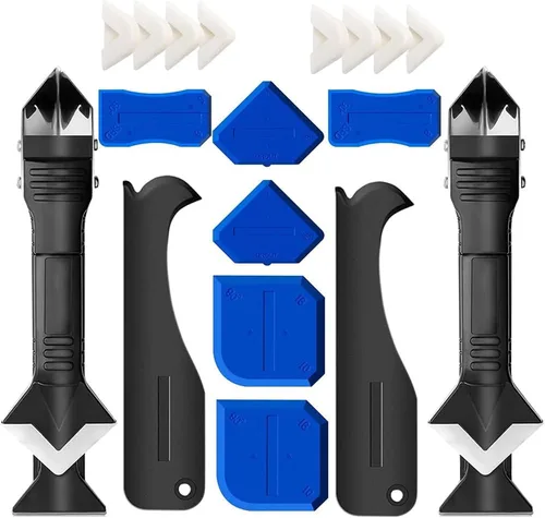 Kit de herramientas de calafateo de silicona, herramienta de eliminación de calafateo 3 en 1 y raspador sellador con 5 almohadillas alisadoras,