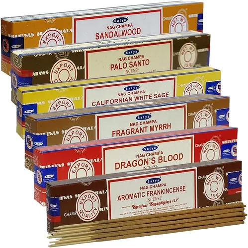 Miniatura 5 de Paquete de varillas de incienso Satya #10 y paquete con soporte con 6 fragancias clásicas: sándalo, sangre de dragón, palo santo, salvia blanca