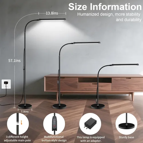 Miniatura 6 de Moderna lámpara de pie LED para leer en negro, brillante luz de pie regulable de 12 W con cuello de ganso ajustable, 3 temperaturas
