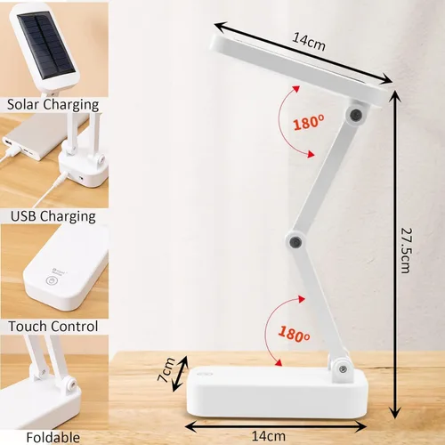 Miniatura 7 de keeda Lámpara de escritorio plegable solar, lámpara de lectura LED portátil regulable con puerto de carga solar y USB para luz nocturna de noche