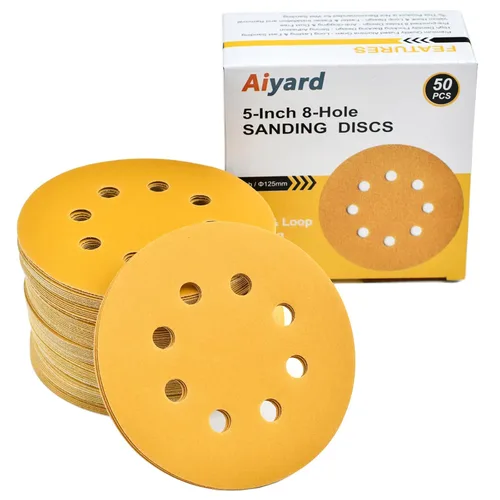Miniatura 16 de Discos de lija de 5 pulgadas, 8 agujeros, gancho y bucle, granos surtidos 60/80/120/220/400, disco de lija dorado para lijadora orbital, paquete