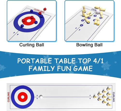 Miniatura 4 de Juego de mesa 4 en 1 para rizar, tejo, bolos y cornhole, juego familiar de 47 pulgadas para todas las edades, fácil configuración y diseño compacto