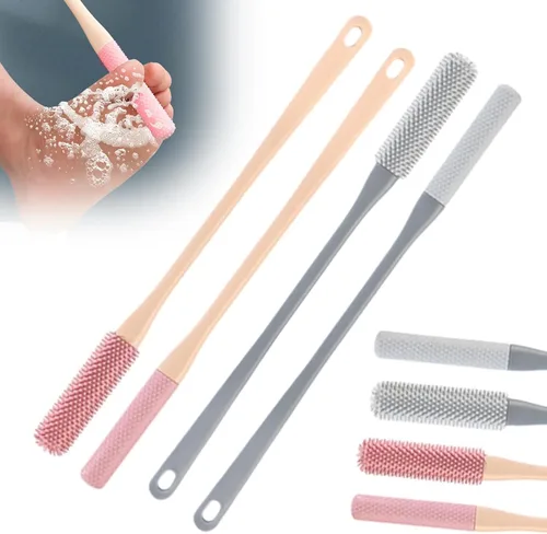 Miniatura 7 de Limpiador de dedos de silicona de mango largo, cepillo de goma suave, exfoliante para pies para ducha, personas mayores, hombres y mujeres (gris)