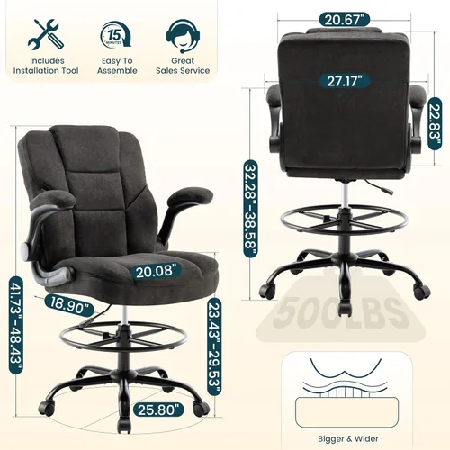 Miniatura 2 de Drafting Chair 500Lbs, Tall Office Chair for Standing Desk, Fabric Executive Office Chair with Flip-up Armrests, Ergonomic High Chair with