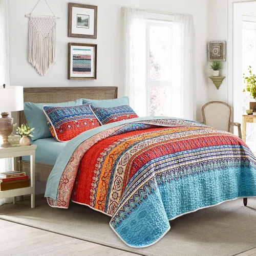 Miniatura 8 de Tititada Juego de edredón de 3 piezas de tamaño king, bohemio y colorido, azul y gris con rayas estilo boho, juego de edredón estampado para verano
