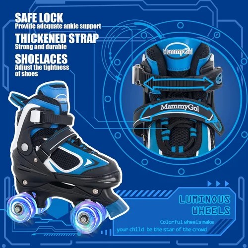 Miniatura 3 de MammyGol Patines de ruedas para niños y niñas, patines cuádruples de 4 tamaños ajustables para niños con todas las ruedas que se iluminan, Azul