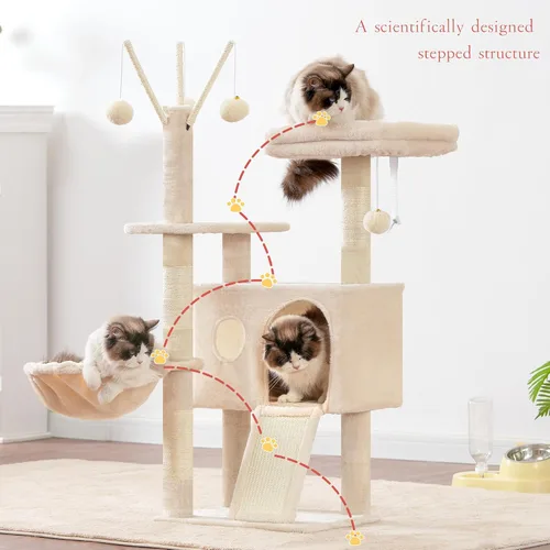 Miniatura 3 de Hey-brother Torre de árbol para gatos, postes rascadores con juguetes extraíbles, acogedor condominio, plataforma, hamaca, tabla de rascar de sisal