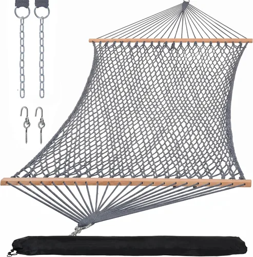 Miniatura 8 de SUNCREAT Hamaca doble de cuerda tradicional Hamaca doble con barra esparcidora de madera dura y bolsa de transporte, capacidad de 450 libras, natural