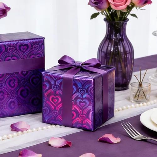 Miniatura 4 de Homeral Rollo de papel de regalo holográfico morado, patrón de corazón iridiscente brillante para el día de San Valentín, cumpleaños, día