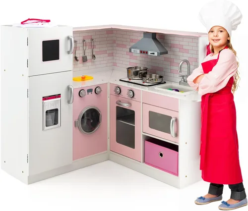 Miniatura 11 de HONEY JOY Juego de cocina esquinera para niños, cocina de madera para niños pequeños, dispensador de agua, microondas, campana extractora