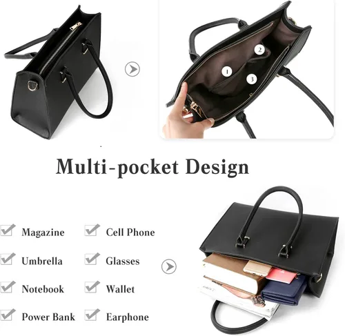 Miniatura 5 de FANDARE Bolsa para computadora portátil para mujer, bolso grande de mano, impermeable, bolso de hombro, bolso de mano de cuero sintético, bolso