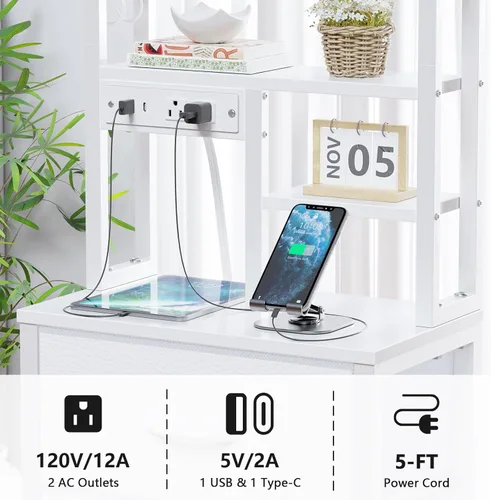 Miniatura 5 de Furnulem - Mesita alta con 3 cajones de tela y luces LED, mesita de noche con estantería, mesas de noche de 45.3 pulgadas de altura con puertos USB