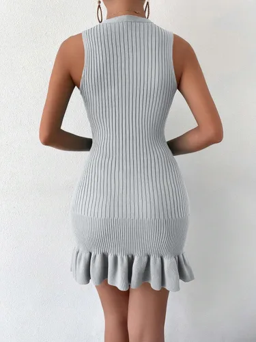 Miniatura 2 de SOLY HUX Vestido ajustado sin mangas para mujer, de punto acanalado, dobladillo con volantes, ajustado, fruncido, elástico, mini vestido sin mangas