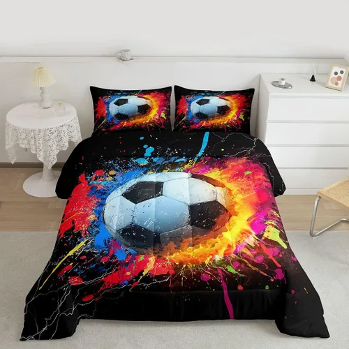 Miniatura 2 de Juego de edredón de fútbol de tamaño completo para niños varones, juego de ropa de cama deportiva de fútbol para adolescentes, colorido, grunge