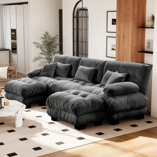 Miniatura 5 de Reposapiés Otomano Tapizado de Terciopelo con Cojín para Sofá Seccional Sofá 300 libras para Sala de Estar (Beige)