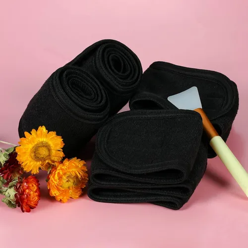 Miniatura 4 de Diademas faciales de spa, 4 piezas, maquillaje, ducha, baño, diadema deportiva, toalla elástica de tela de rizo con cinta mágica (negro)