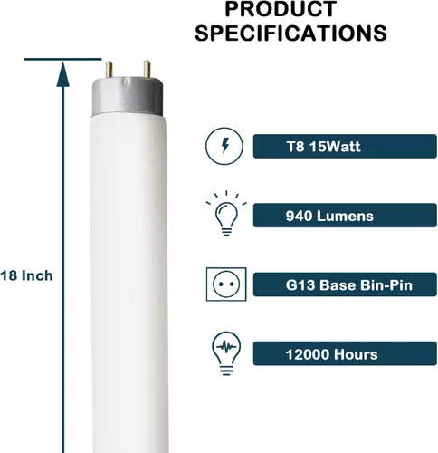 Miniatura 2 de Lámpara de tubo lineal fluorescente T8 de 18 pulgadas, F15T8-CW de 15 vatios, bombilla de repuesto para lámpara Philips Alto ECO GE Staco, base