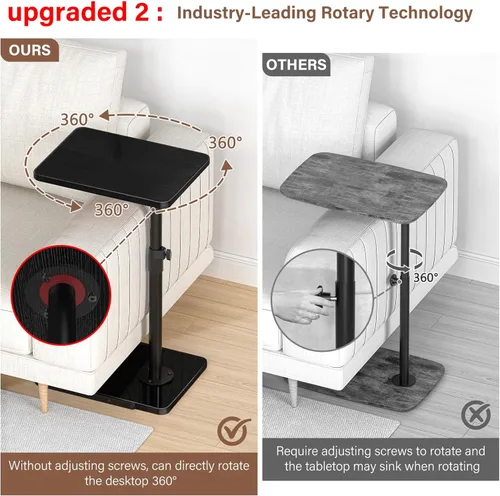 Miniatura 3 de Mesa C Mesa Auxiliar de Altura Ajustable, Bandeja de TV Giratoria 360°, Base Mejorada de Metal y Madera para Evitar Deslizamientos, Mesas de Negro