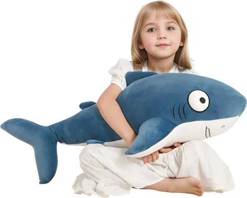Miniatura 3 de Peluche de tiburones gigantes azules de 32 pulgadas, animales de peluche de tiburón ballena grande, almohada corporal blanda de pez marino grande