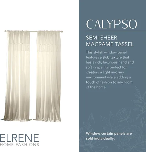 Miniatura 2 de Elrene Home Fashions Calypso - Cortina para ventana, de algodón semitransparente con borlas de macramé anudadas a mano, con bolsillo para barra, 52