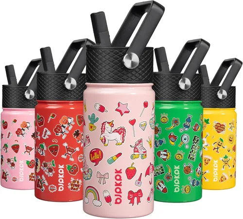 Miniatura 35 de BJPKPK Botella de agua aislada con tapa con pajilla, bonitas botellas de agua de 15 onzas, termo de metal de acero inoxidable, vasos reutilizables