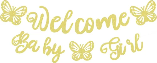 Cartel de bienvenida preencordado para bebé niña, decoración de fiesta de bienvenida con purpurina dorada, perfecta para fiesta de revelación de