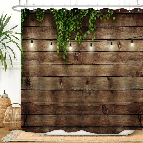 Cortina de ducha de madera rústica con hojas verdes sobre madera vintage, temática de la vida rural, tablones de grunge, puerta de casa de granero,