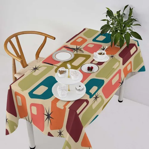 Miniatura 58 de Mantel retro moderno de mediados de siglo, diseño de colores retro de los años 50, resistente al agua, mantel lavable para cocina, comedor, fiesta