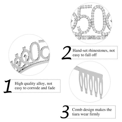 Miniatura 3 de Kit de tiara y banda de cumpleaños "50 & Fabulous", regalos de cumpleaños 50 para mujeres, decoraciones de fiesta de cumpleaños 50 (plateado)