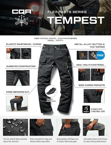 Miniatura 195 de CQR – Pantalones tácticos elásticos tipo cargo para hombre, resistentes al agua, de tela ripstop (antidesgarros), ligeros, ideales para uso diario
